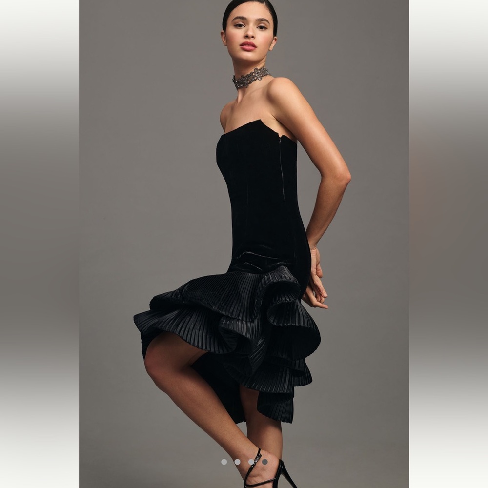 NWT $298 by Anthropologie Strapless Ruffle Hem Dress black velvet asymmetrical